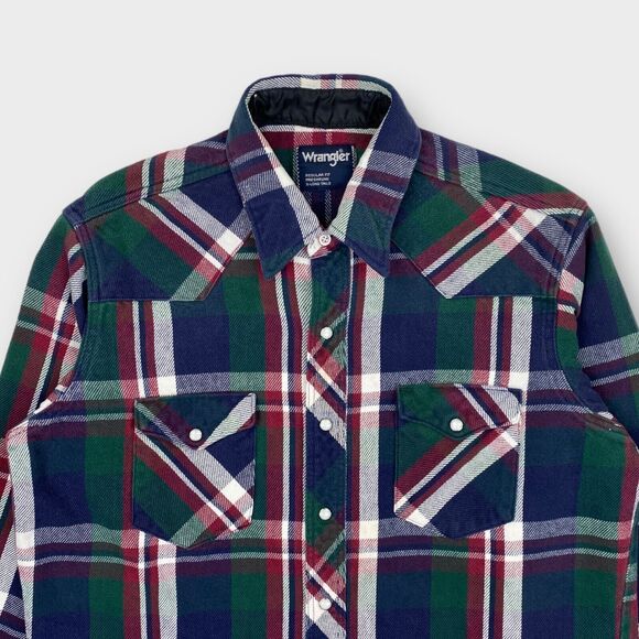 VINTAGE Wrangler Shirt Mens Medium Western Pearl Snap Long Tail Plaid Bushpopper - Picture 3 of 12